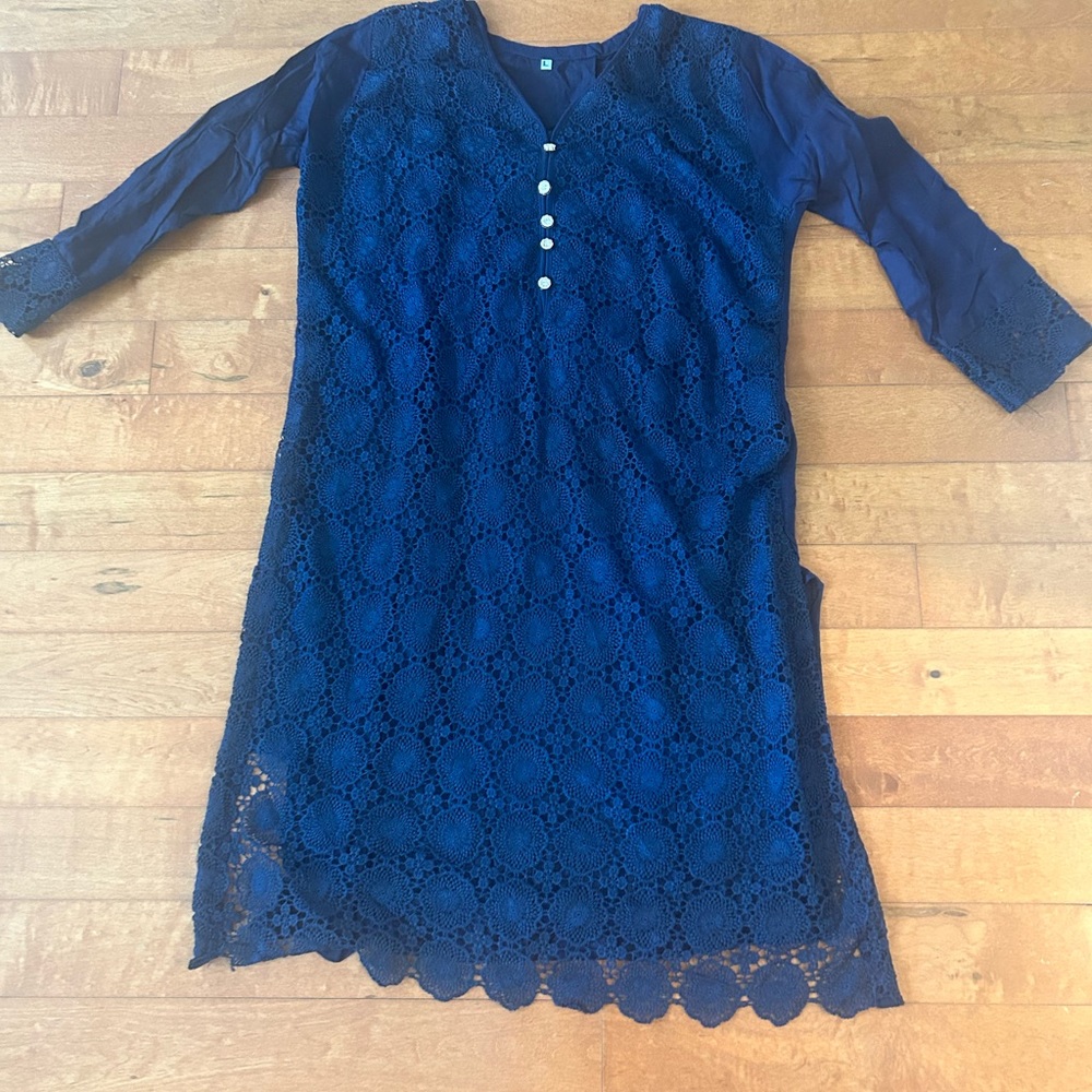 NEW NAVY BLUE CROCHET LACE TUNIC SALWAR KAMEEZ SHIRT M
